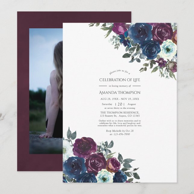 Invitación Foto de la celebración floral de ciruela y marina  (Anverso / Reverso)