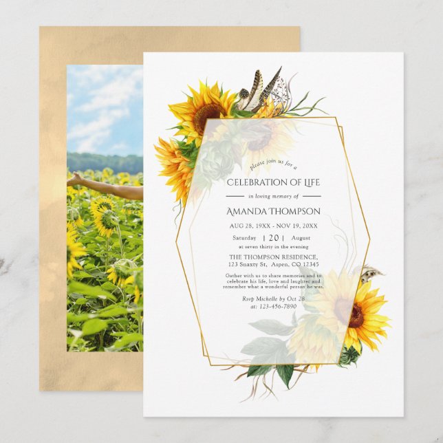 Invitación Foto de la celebración geométrica de girasoles en  (Anverso / Reverso)
