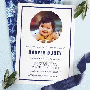 Invitación Foto de la ceremonia de Annaprashan Blue Floral Fi