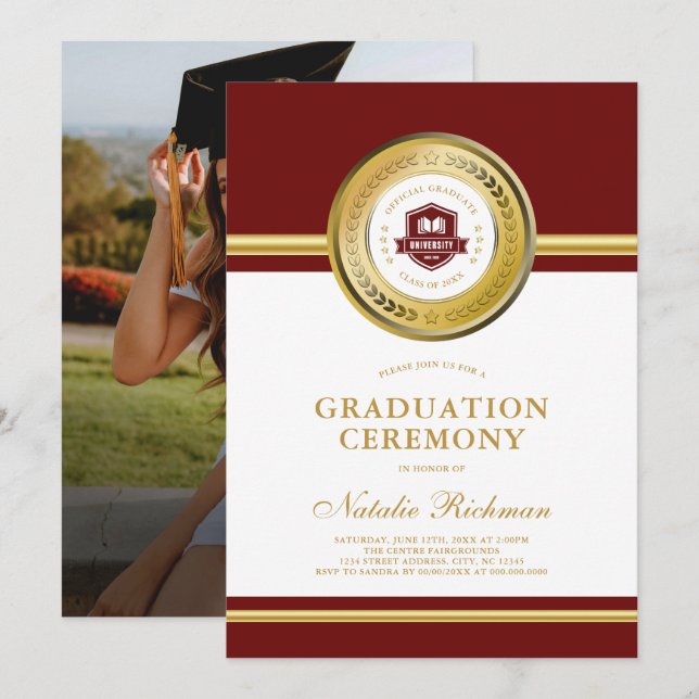 Invitación Foto de la ceremonia de graduación formal de rojo  (Anverso / Reverso)