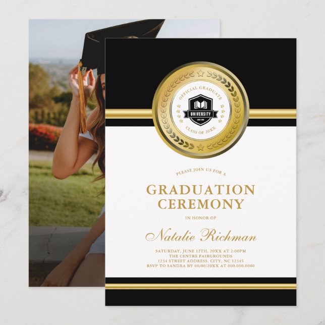 Invitación Foto de la ceremonia de graduación formal en negro (Anverso / Reverso)