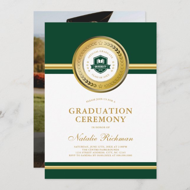 Invitación Foto de la ceremonia de graduación formal verde y  (Anverso / Reverso)