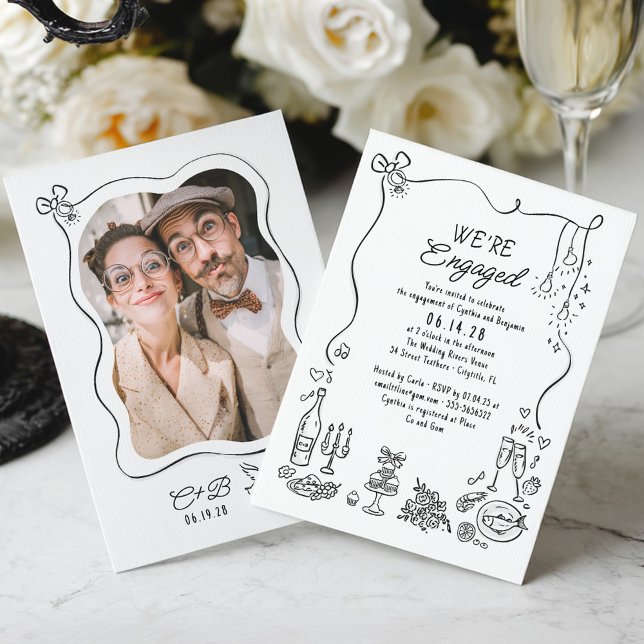 Invitación Foto de la fiesta de compromiso caprichoso de mano (Whimsical Funky Hand-drawn Engagement Party Photo Invitation)