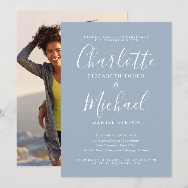 Invitación Foto de la fiesta de compromiso con letra elegante (Anverso / Reverso)