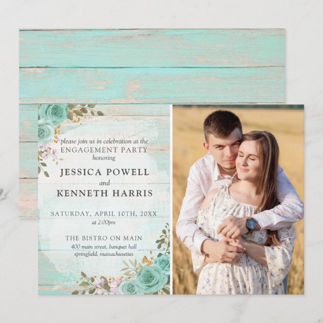 Invitación Foto de la fiesta de compromiso de rosas turquesas (Anverso / Reverso)