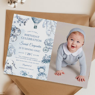 Invitación Foto de la fiesta de cumpleaños azul Toile De Jouy