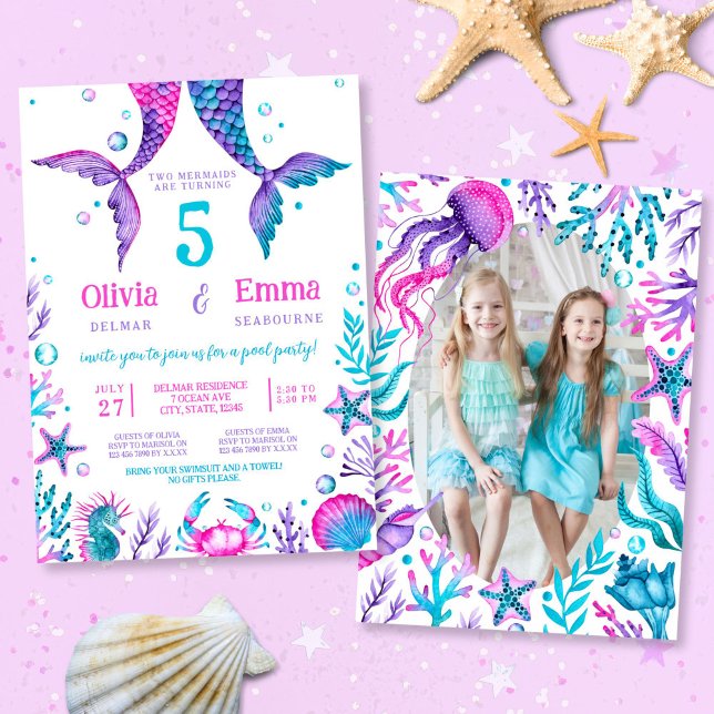 Invitación Foto de la fiesta de cumpleaños conjunta de amigos (Mermaid Girl Friends Joint Birthday Party Photo Invitation)