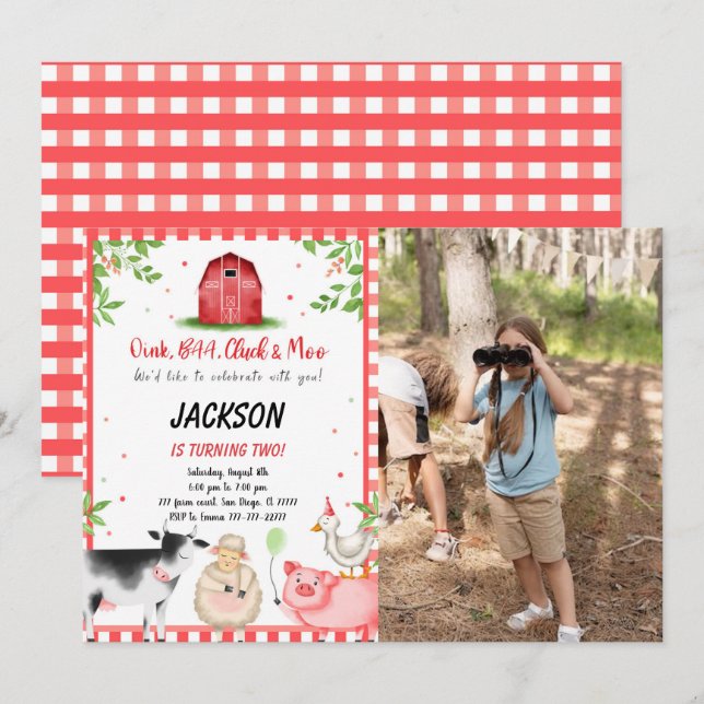 Invitación Foto de la fiesta de cumpleaños de la granja (Anverso / Reverso)