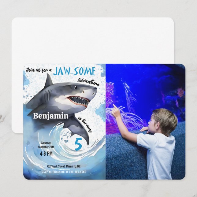 Invitación Foto de la fiesta de cumpleaños de los tiburones (Anverso / Reverso)