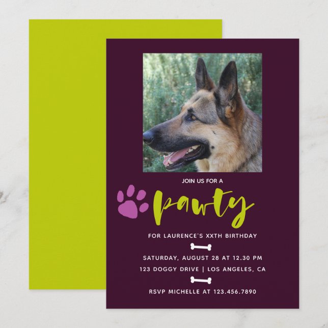 Invitación Foto de la fiesta de cumpleaños de moda de perro o (Anverso / Reverso)
