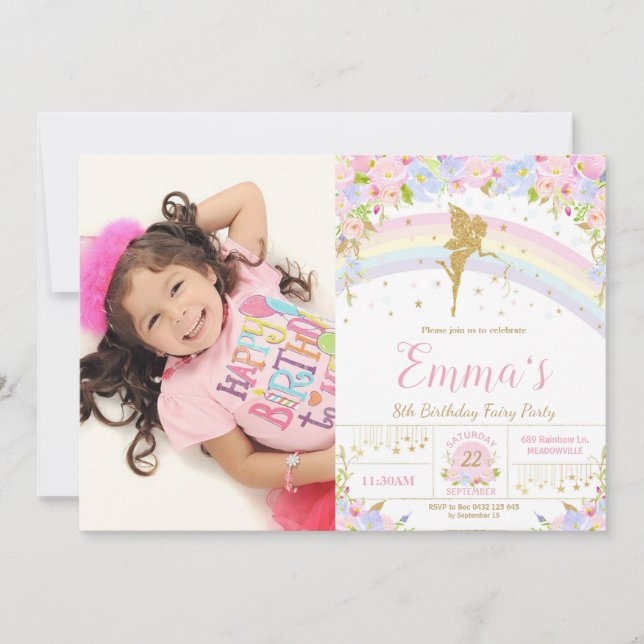 Invitación Foto de la fiesta de cumpleaños de Rainbow Fairy (Anverso)