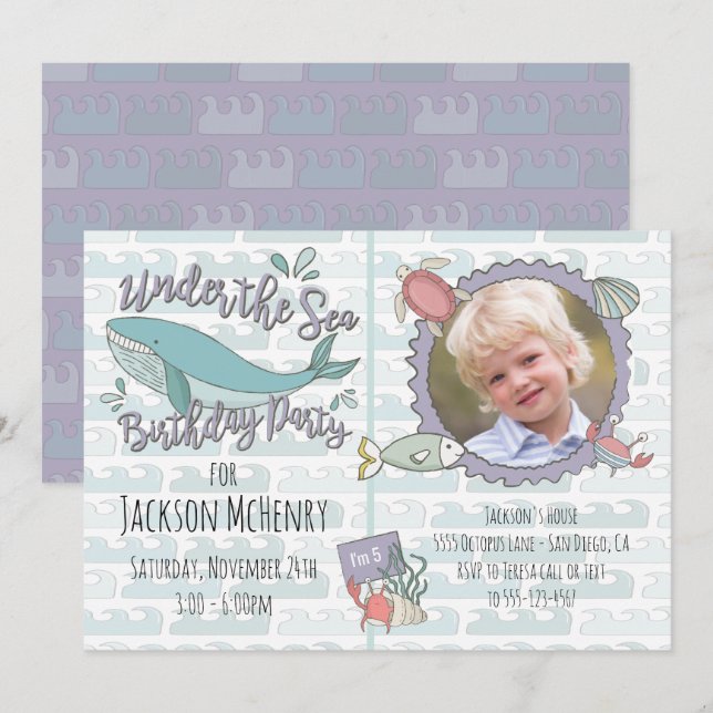 Invitación Foto de la fiesta de cumpleaños de Sea Whale (Anverso / Reverso)