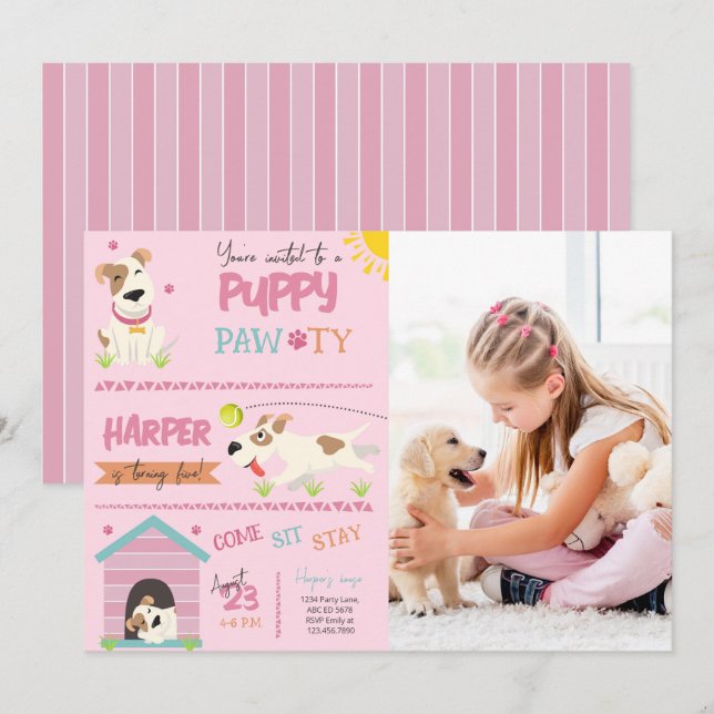 Invitación Foto de la fiesta de cumpleaños del chica Puppy (Anverso / Reverso)