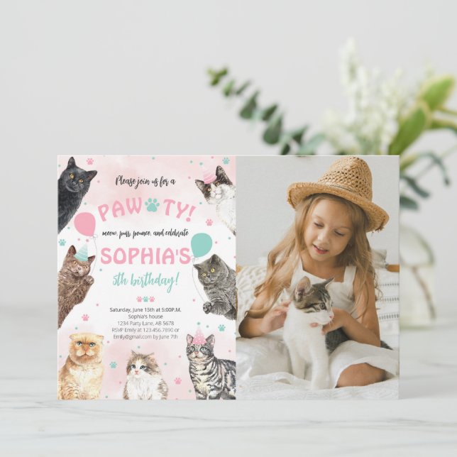 Invitación Foto de la fiesta de cumpleaños del gato (Anverso de pie)