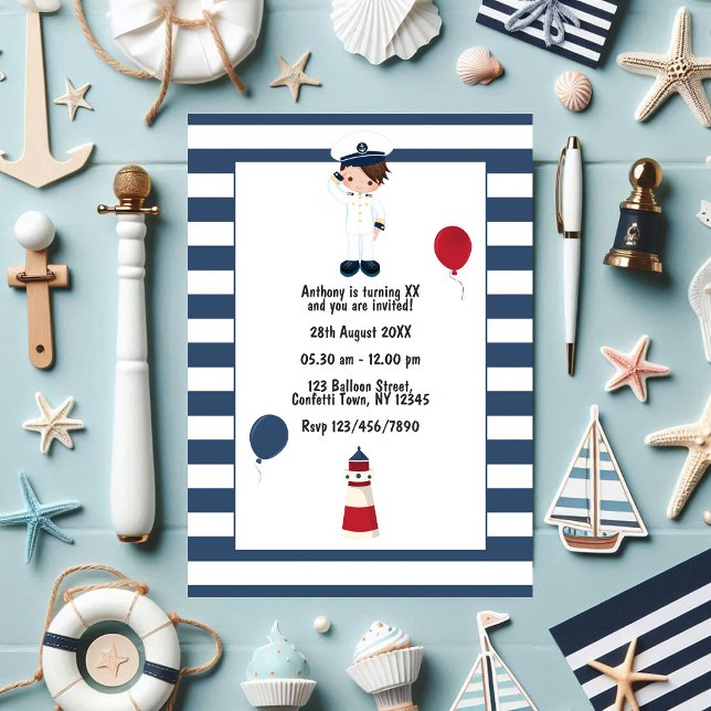 Invitación Foto de la fiesta de cumpleaños del marinero náuti (Kids Custom Nautical Sailor Birthday Party Photo Invitation)
