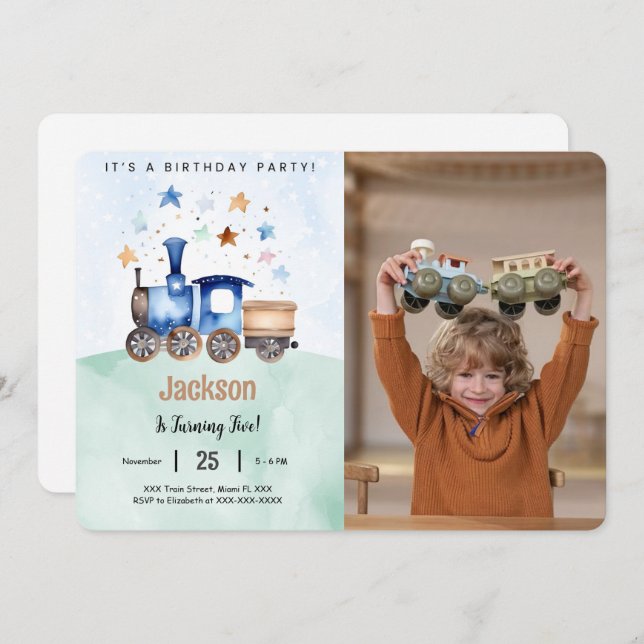 Invitación Foto de la fiesta de cumpleaños del tren (Anverso / Reverso)