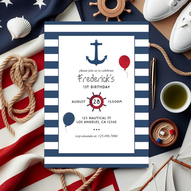 Invitación Foto de la fiesta de cumpleaños Náutica del person (Customizable Nautical Birthday Party Photo Invitation)