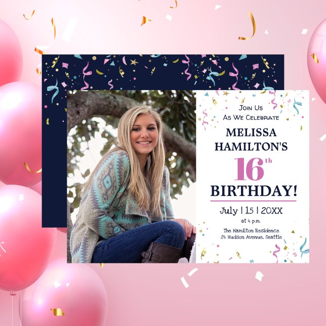 Invitación Foto de la fiesta de cumpleaños número 16 (16th Birthday Party Photo Invitation)