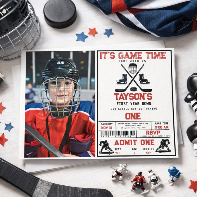 Invitación Foto de la fiesta de cumpleaños número 1 de It's G (It’s Game Time Hockey 1st Birthday Party photo Invitation
)