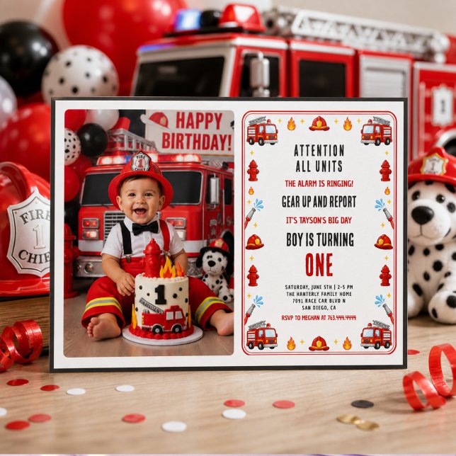 Invitación Foto de la fiesta de cumpleaños número 1 del camió (Red and White Firetruck 1st Birthday Party photo Invitation
)