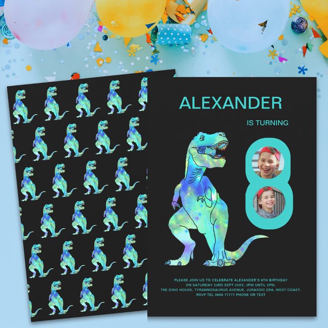 Invitación Foto de la fiesta de cumpleaños número 8 de los ch (Dinosaur T-Rex boys 8th birthday party photo collage invitation)
