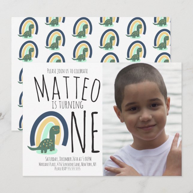 Invitación Foto de la fiesta de cumpleaños Rainbow de dinosau (Anverso / Reverso)