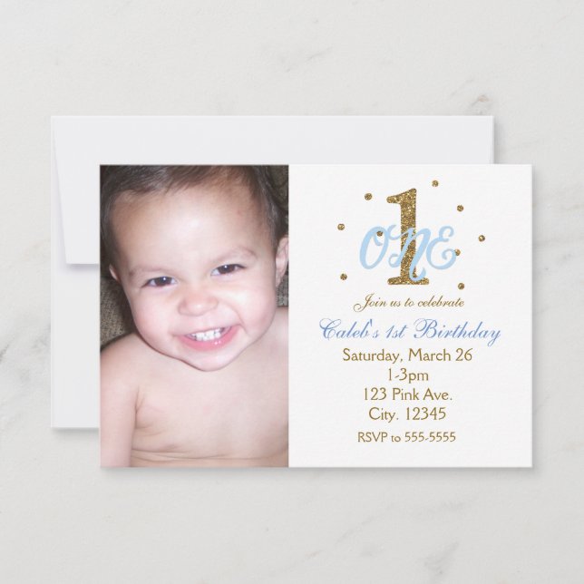 Invitación Foto de la fiesta de cumpleaños UNO 1 de Blue & Go (Anverso)