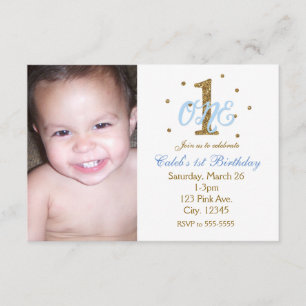 Invitación Foto de la fiesta de cumpleaños UNO de niños Blue