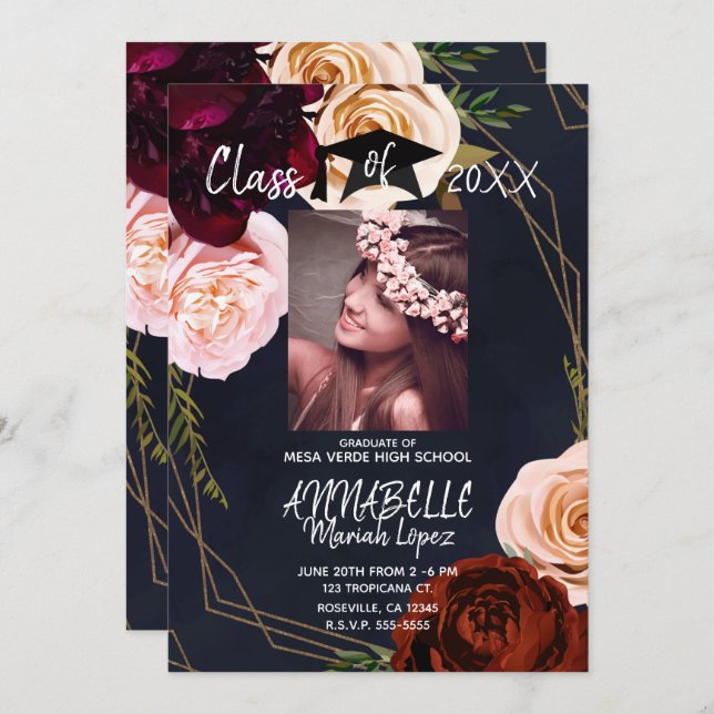 Invitación Foto de la fiesta de graduación azul de la Marina  (Anverso / Reverso)