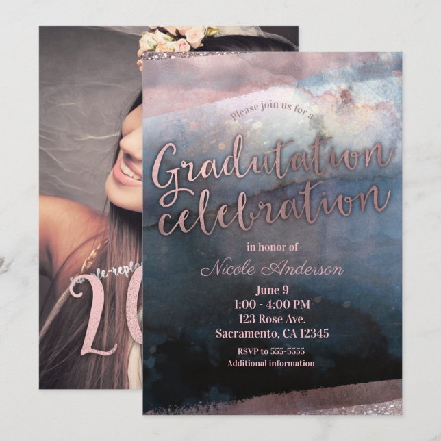 Invitación Foto de la fiesta de graduación de acuarela modern (Anverso / Reverso)