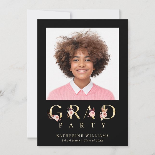 Invitación Foto de la fiesta de graduación de las letras flor (Anverso)