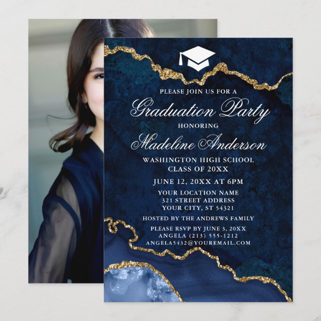 Invitación Foto de la fiesta de graduación de mármol azul acu (Anverso / Reverso)