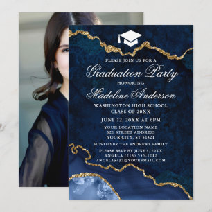 Invitación Foto de la fiesta de graduación de mármol azul acu