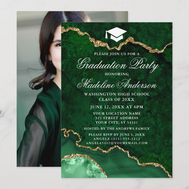 Invitación Foto de la fiesta de graduación de mármol verde ac (Anverso / Reverso)