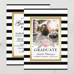Invitación Foto de la fiesta de graduación floral Black Strip