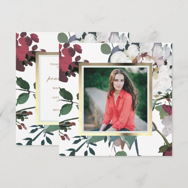 Invitación Foto de la fiesta de graduación floral de bonito y (Anverso / Reverso)
