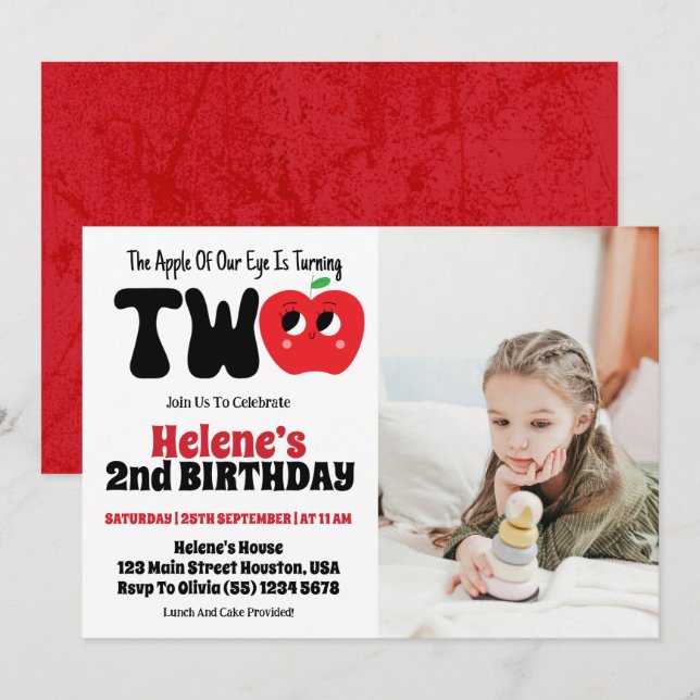 Invitación Foto De La Fiesta Del Segundo Cumpleaños De Apple  (Anverso / Reverso)