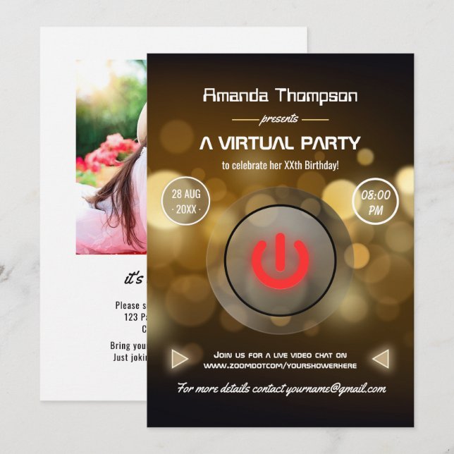 Invitación Foto de la fiesta virtual de cumpleaños de Bokeh (Anverso / Reverso)