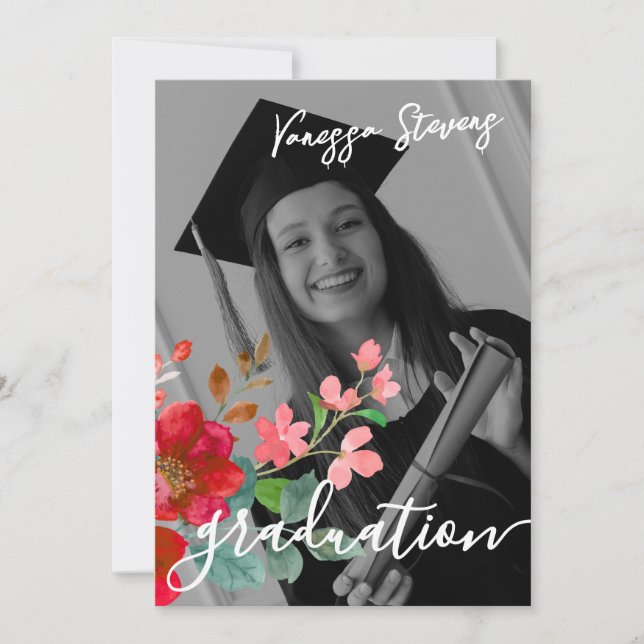 Invitación Foto de la flor acuarela del partido de graduación (Anverso)