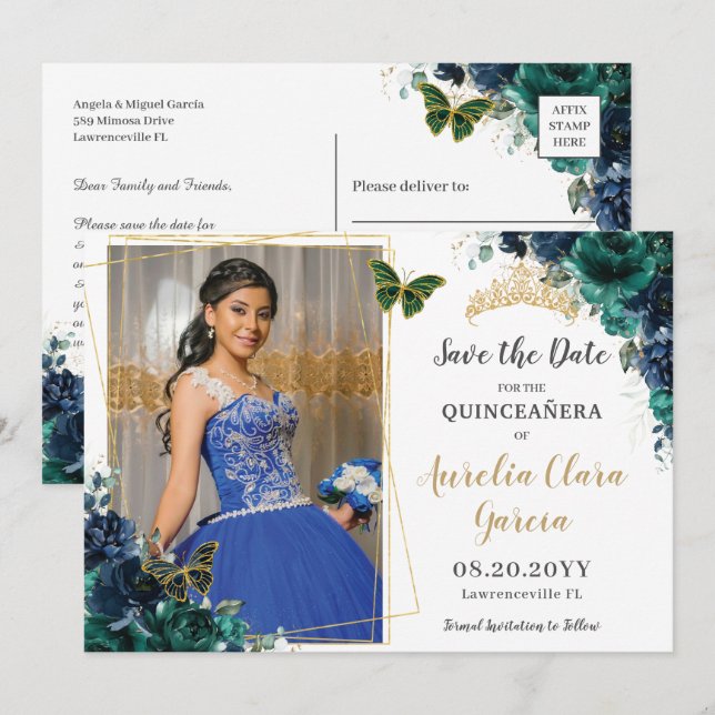Invitación Foto de la floral de la marina esmeralda Quinceañe (Anverso / Reverso)
