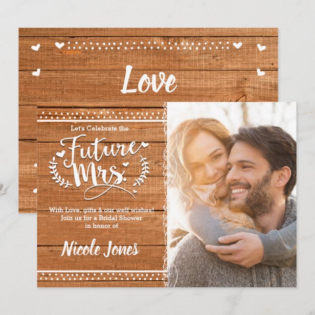 Invitación Foto de la futura Sra. Oak Wood Rustic Despedida d (Anverso / Reverso)