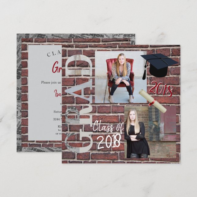 Invitación Foto de la pared de ladrillo rojo - Graduación (Anverso / Reverso)