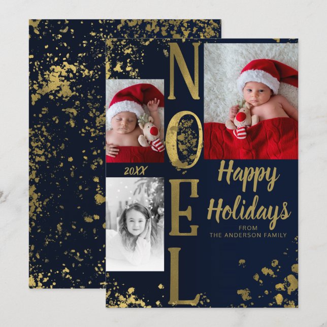 Invitación Foto de la placa de vacaciones Blue & Gold NOEL (Anverso / Reverso)