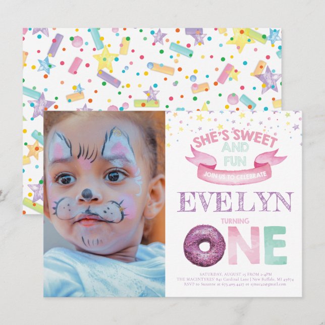 Invitación Foto de la primera acuarela de cumpleaños de Donut (Anverso / Reverso)