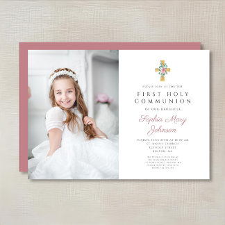 Invitación Foto de la primera comunión de niña con peonías ro