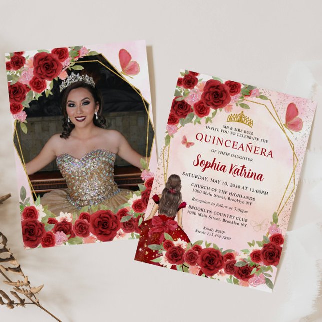 Invitación Foto de la princesa floral roja borgoña Quinceañer (Subido por el creador)