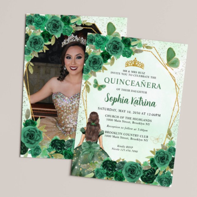 Invitación Foto de la princesa floral verde esmeralda Quincea (Subido por el creador)