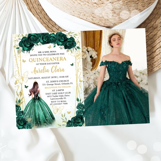 Invitación Foto de la princesa floral verde esmeralda Quincea (Subido por el creador)