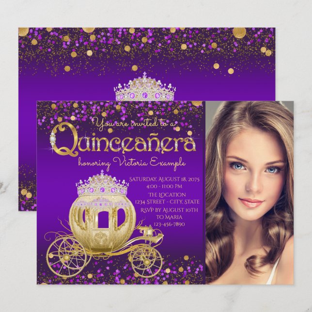 Invitación Foto de la princesa púrpura y dorada Quinceanera (Anverso / Reverso)