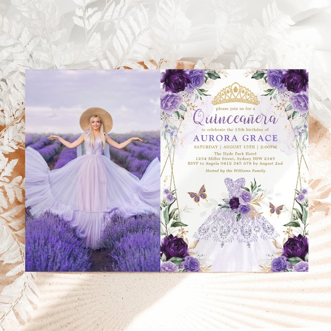 Invitación Foto de la princesa Quinceañera con flores moradas (Subido por el creador)